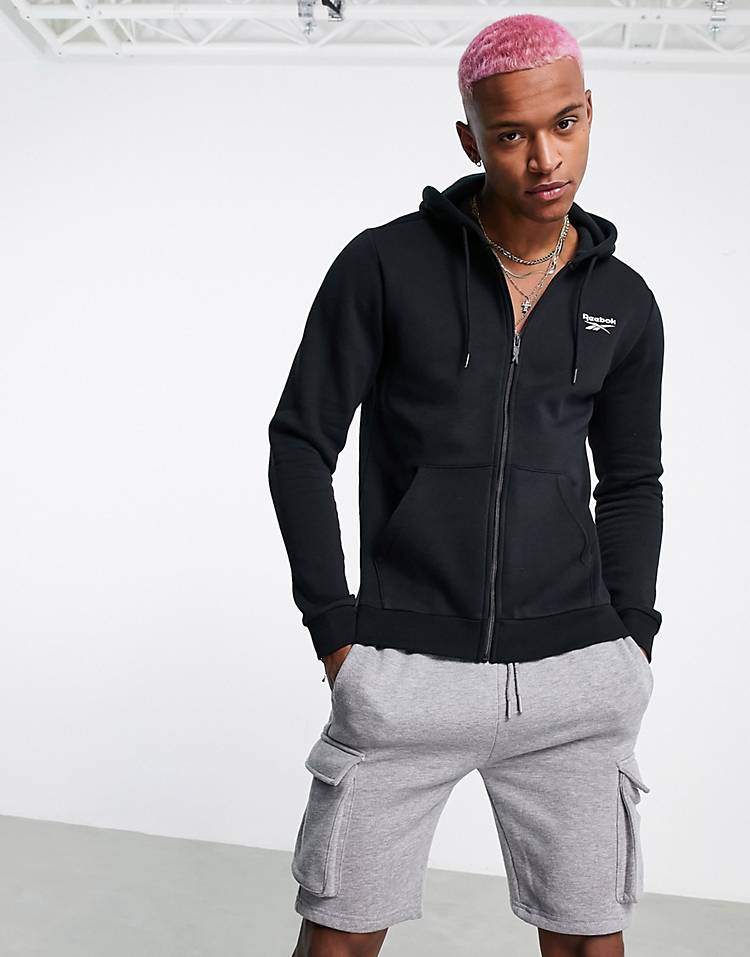 Reebok small logo zip thru hoodie in black